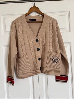 Tommy Hilfiger Beige Cable V-Neck Cardigan with Striped Cuffs